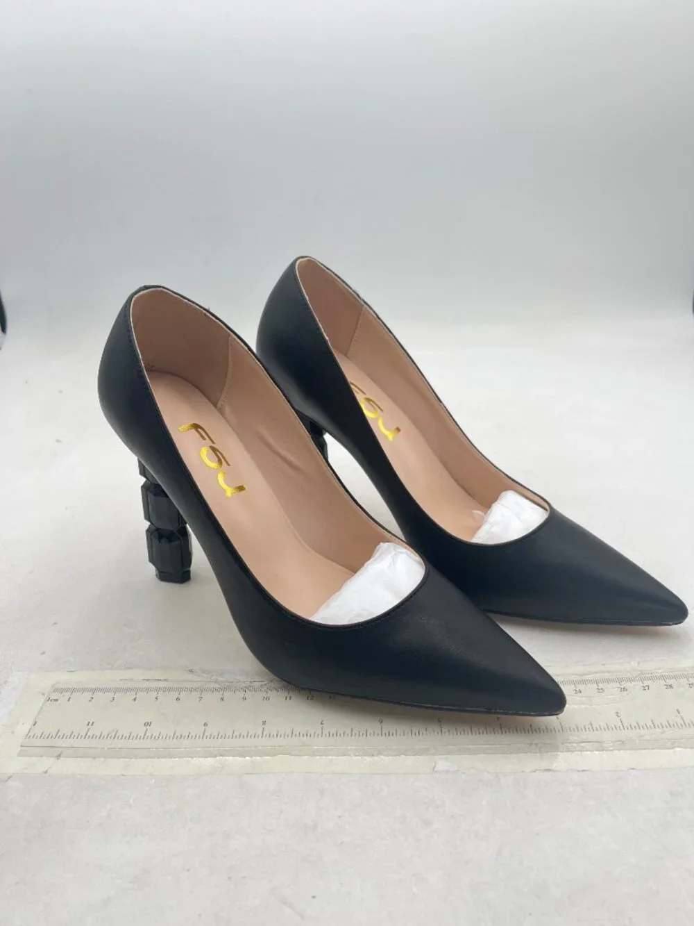 FSJ Black Jeweled High Heel Pointed Toe Slip On Sparkling Crystal Bead Heel Pump